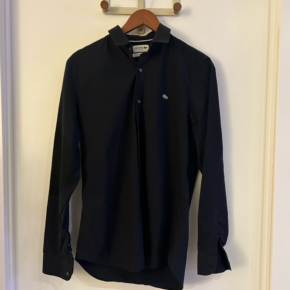 Lacoste Men’s Slim Fit Stretch Button-Up Shirt – Navy Blue – Size 40 (Medium)